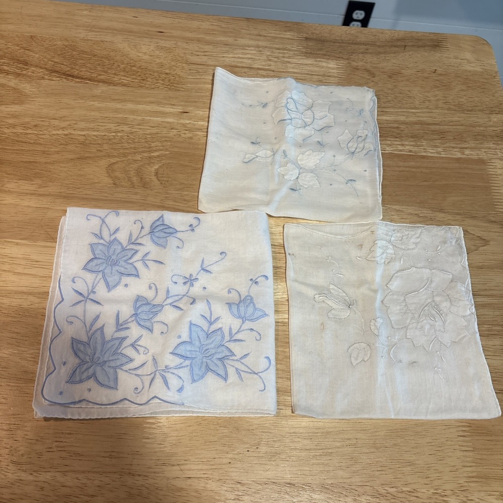 Vintage Blue And White Handkerchief, Lot Of 3